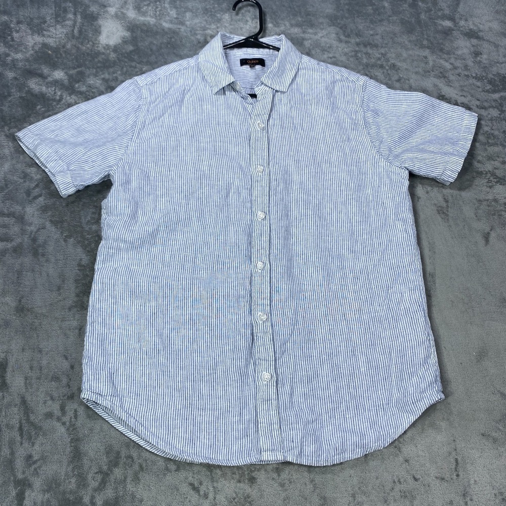 Quince Shirt Mens Medium Short Sleeve 100% Linen Button Up Stripe Coastal Beach